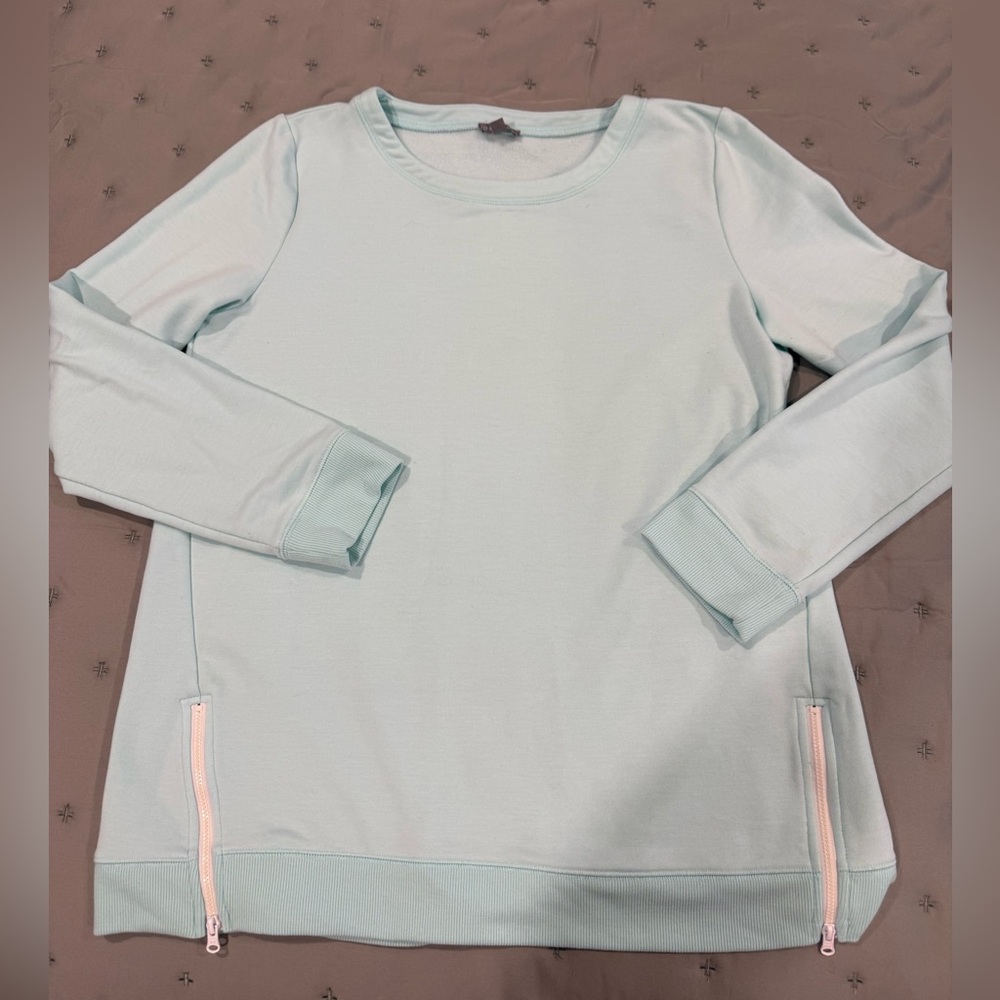 T by Talbots sportswear, aqua pullover. White hip zippers, ribbed cuffs & hem